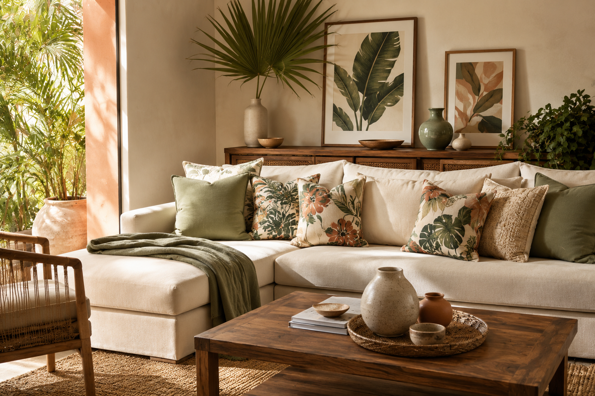 Caribbean-inspired home living space with tropical greenery, natural textures and warm earthy tones