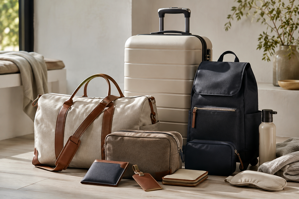 Premium travel accessories including luggage, duffle bag, backpack and travel essentials in neutral tones