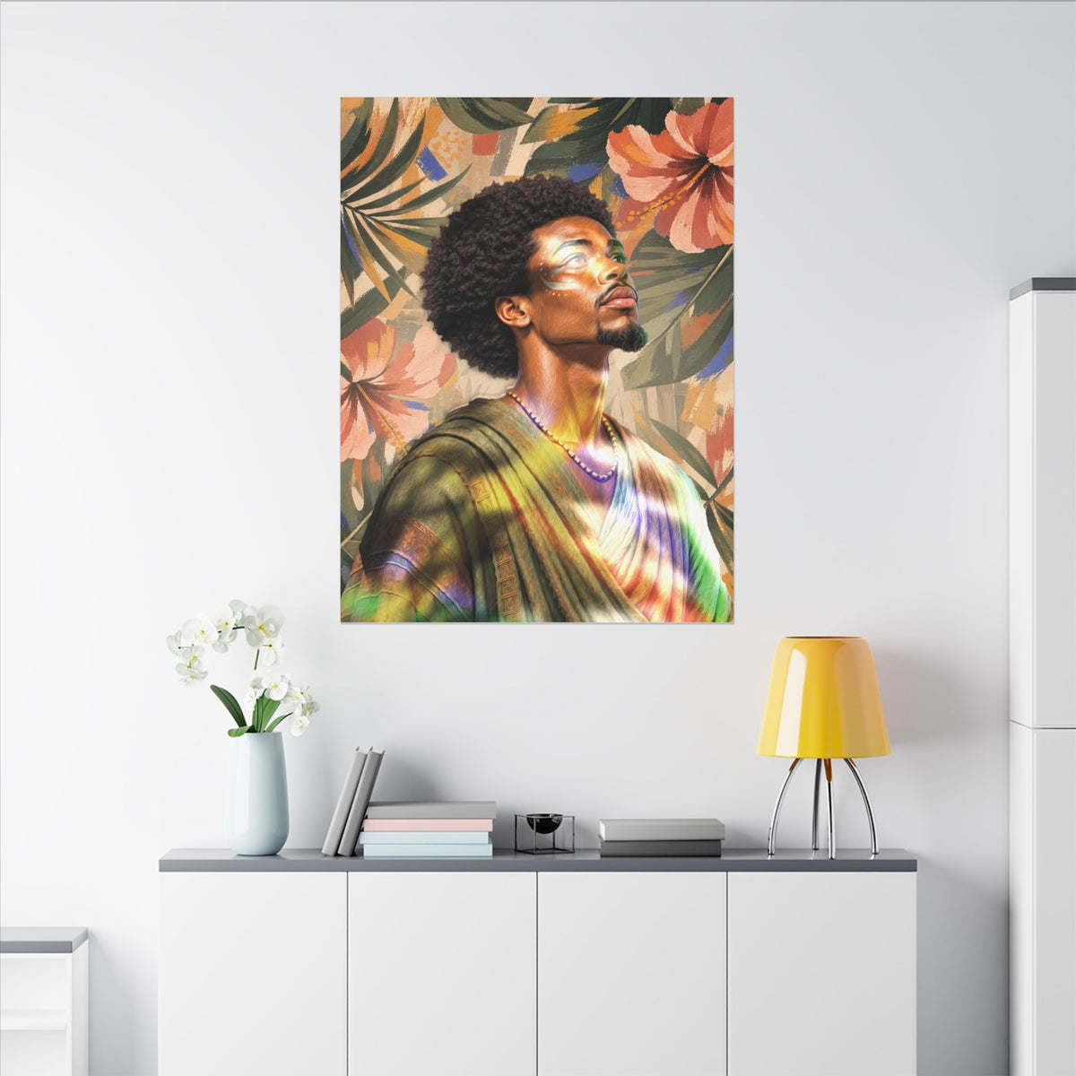 Black male portrait surrounded by tropical leaves and coral flowers