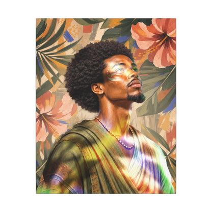 Black male portrait surrounded by tropical leaves and coral flowers