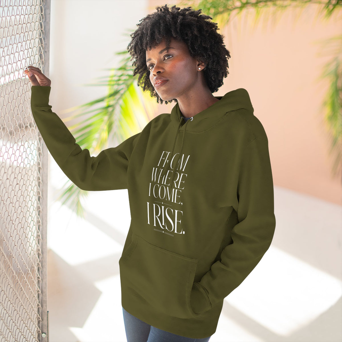 Botanical green graphic shirt with warm-gold typography