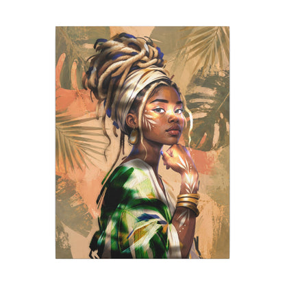 Black woman portrait with tropical palm and leaf artwork