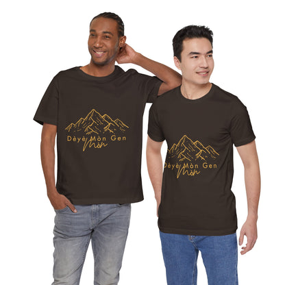 Haitian heritage shirt with warm gold mountain illustration