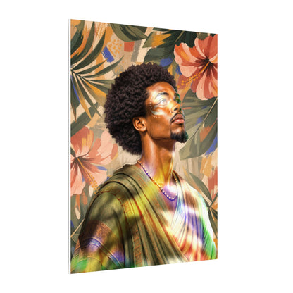 Black male portrait surrounded by tropical leaves and coral flowers
