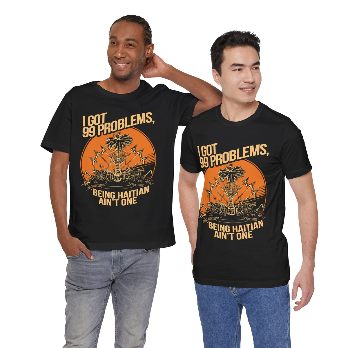 Haitian culture apparel with bold cream lettering and orange design