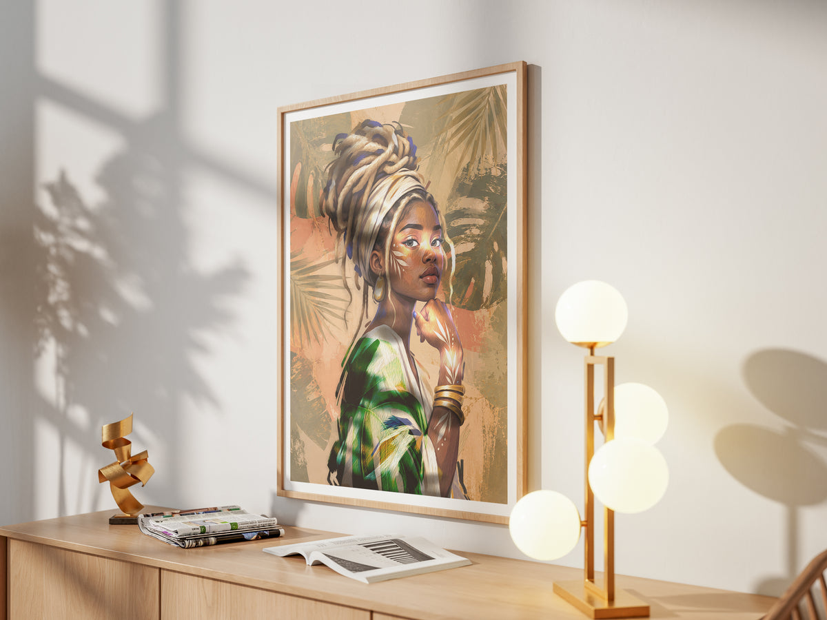 Tropical female portrait art with vivid green and blue accents