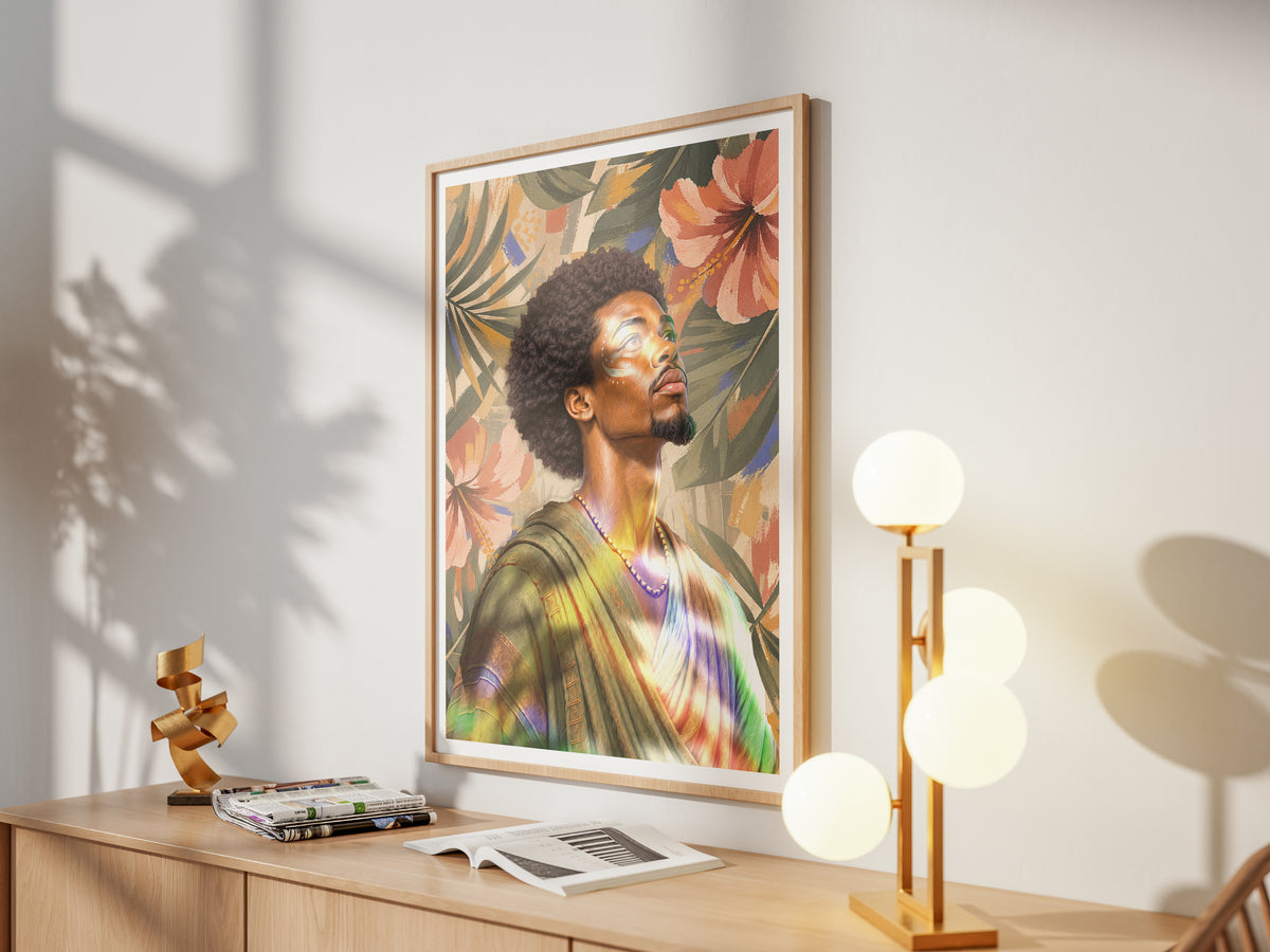 Vibrant male portrait wall art with green blue and golden tones
