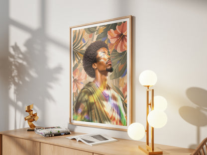 Vibrant male portrait wall art with green blue and golden tones