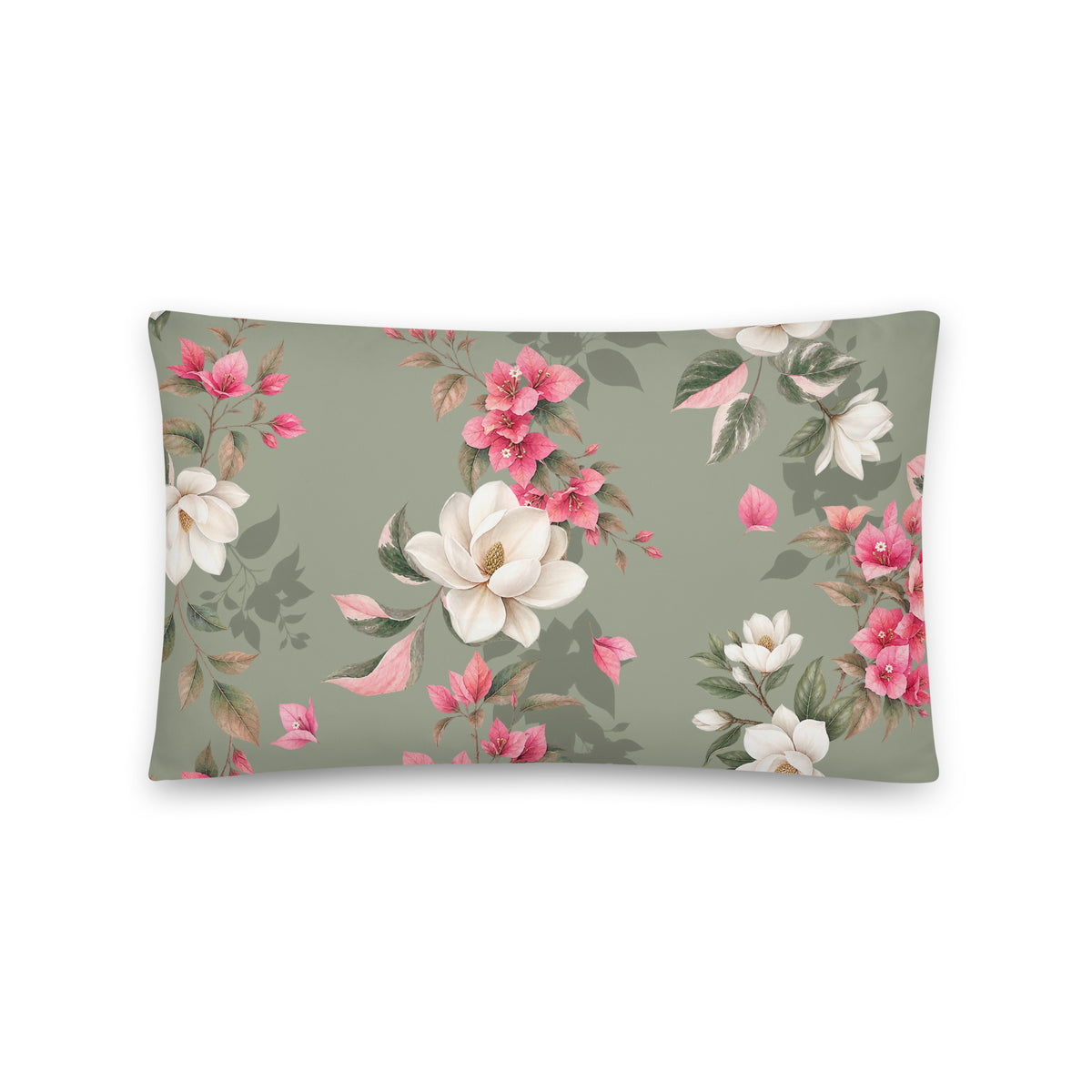 Decorative floral pillow with muted green and warm earth tones

