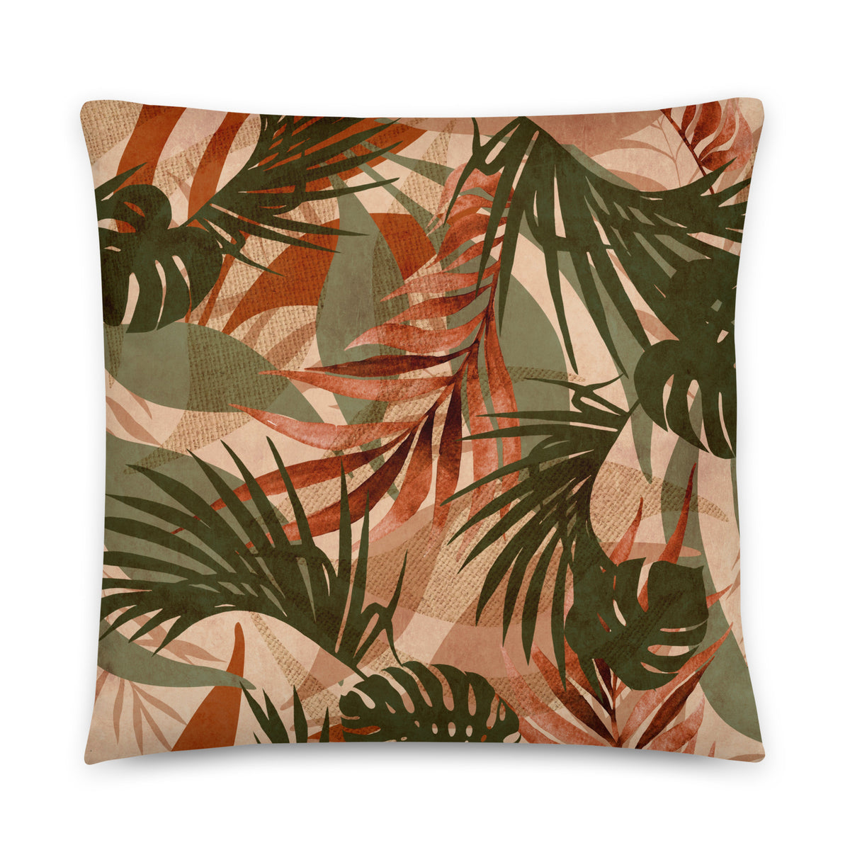 Botanical decorative pillow with earthy foliage and terracotta tones

