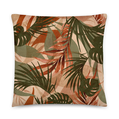 Botanical decorative pillow with earthy foliage and terracotta tones
