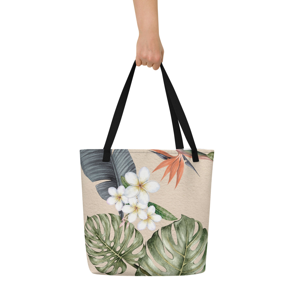 Tropical Cream botanical tote bag with leafy floral artwork
