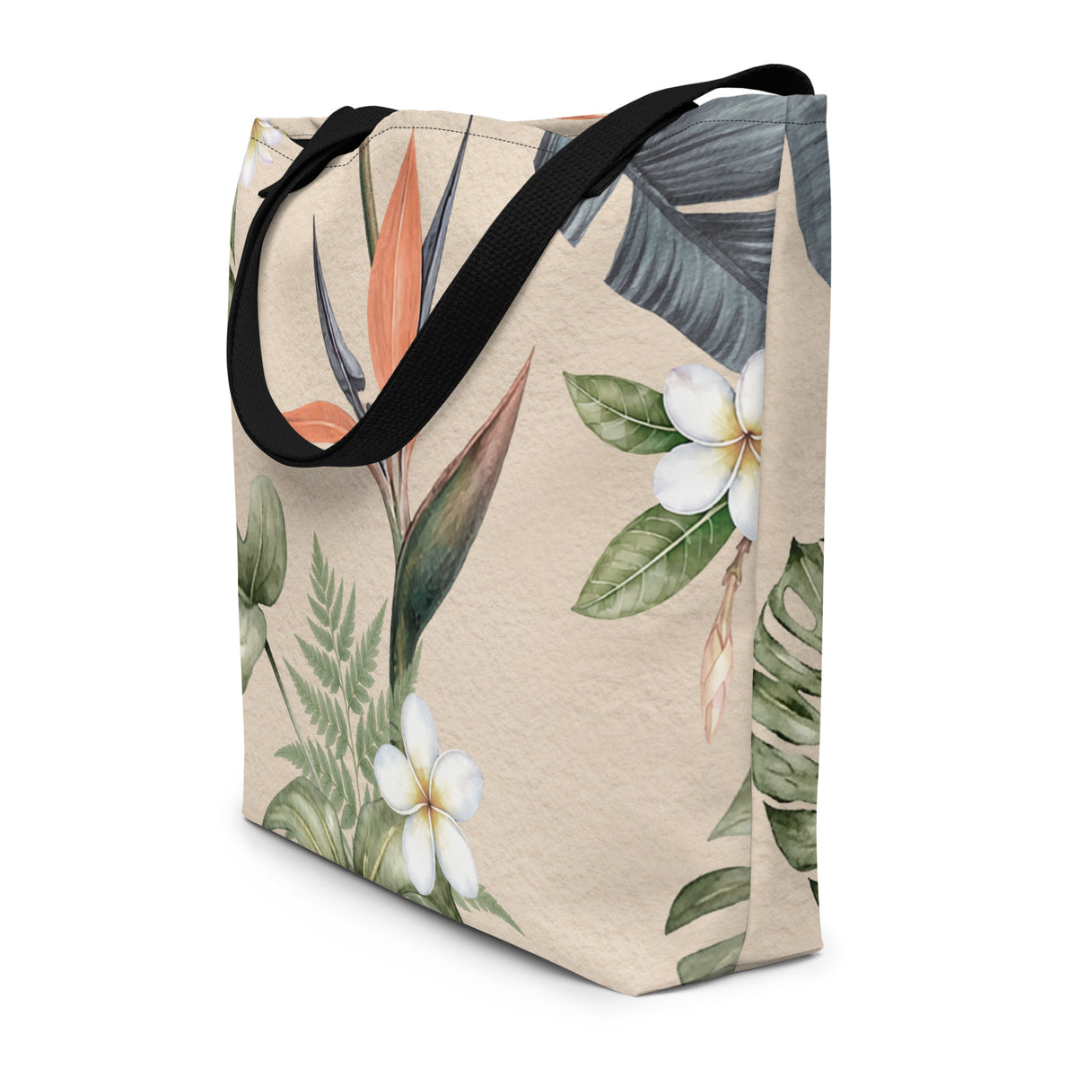 Botanical large tote bag with tropical green and coral print
