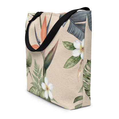Botanical large tote bag with tropical green and coral print

