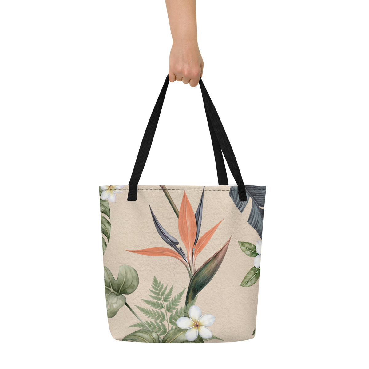 Botanical large tote bag with tropical green and coral print

