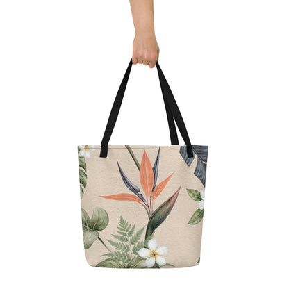 Botanical large tote bag with tropical green and coral print
