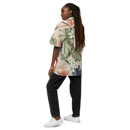 Relaxed fit unisex button shirt with all-over botanical pattern