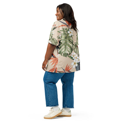 Relaxed fit unisex button shirt with all-over botanical pattern