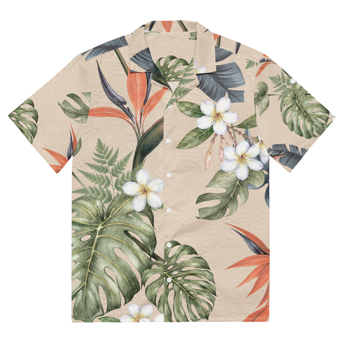 Tropical Cream botanical shirt with green foliage and coral accents

