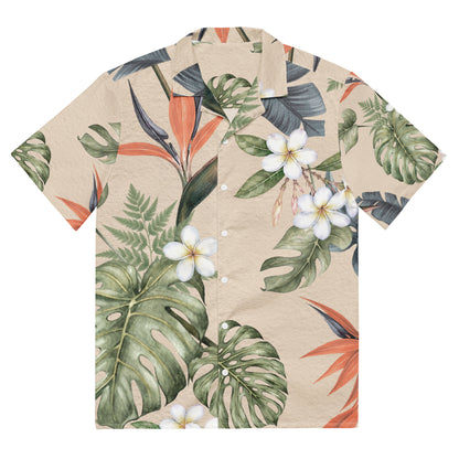 Tropical Cream botanical shirt with green foliage and coral accents
