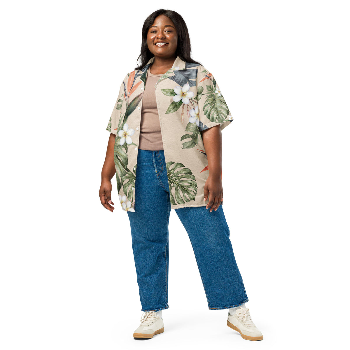 Botanical unisex button shirt with tropical foliage and floral print