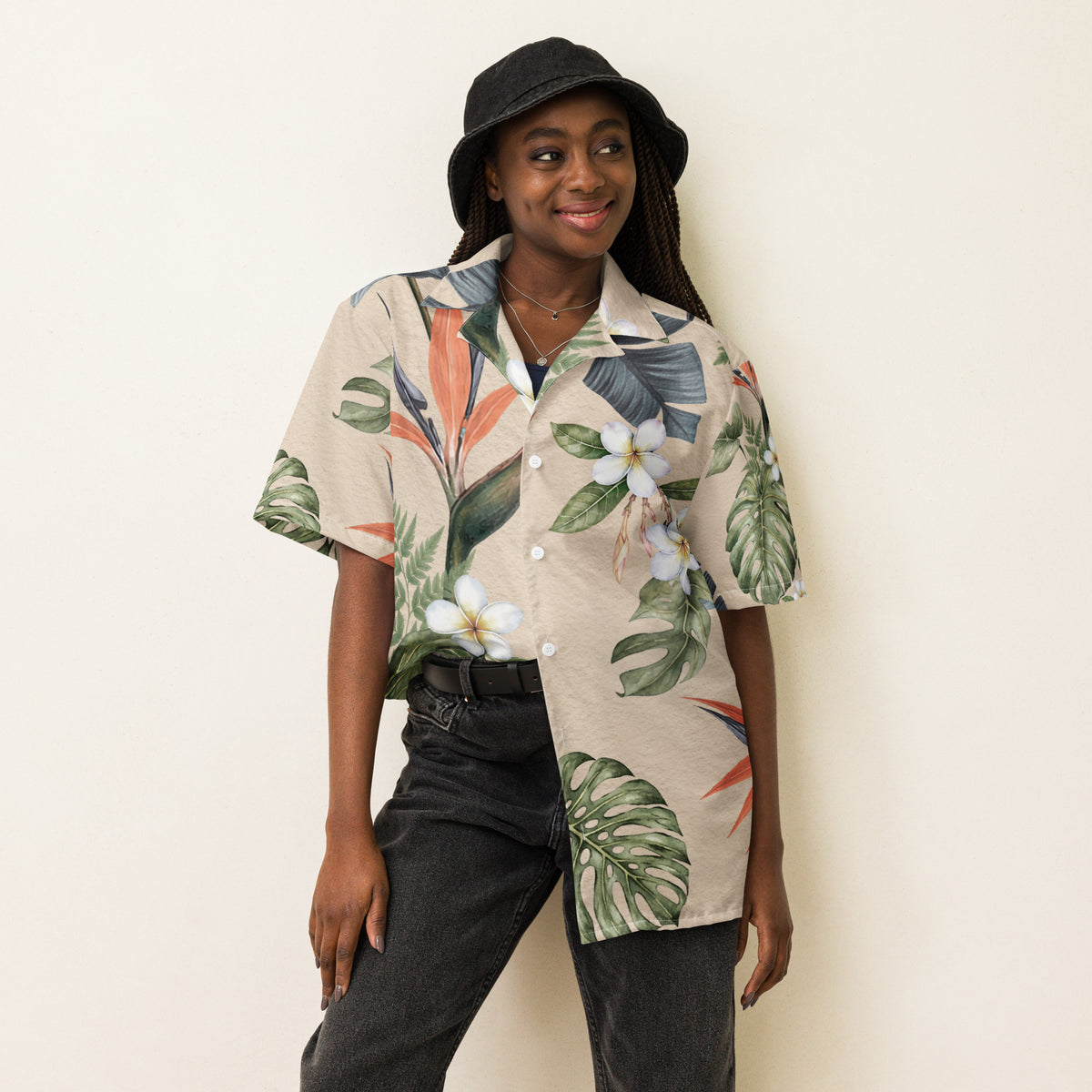 Tropical Cream botanical shirt with green foliage and coral accents