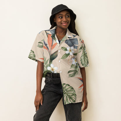 Tropical Cream botanical shirt with green foliage and coral accents