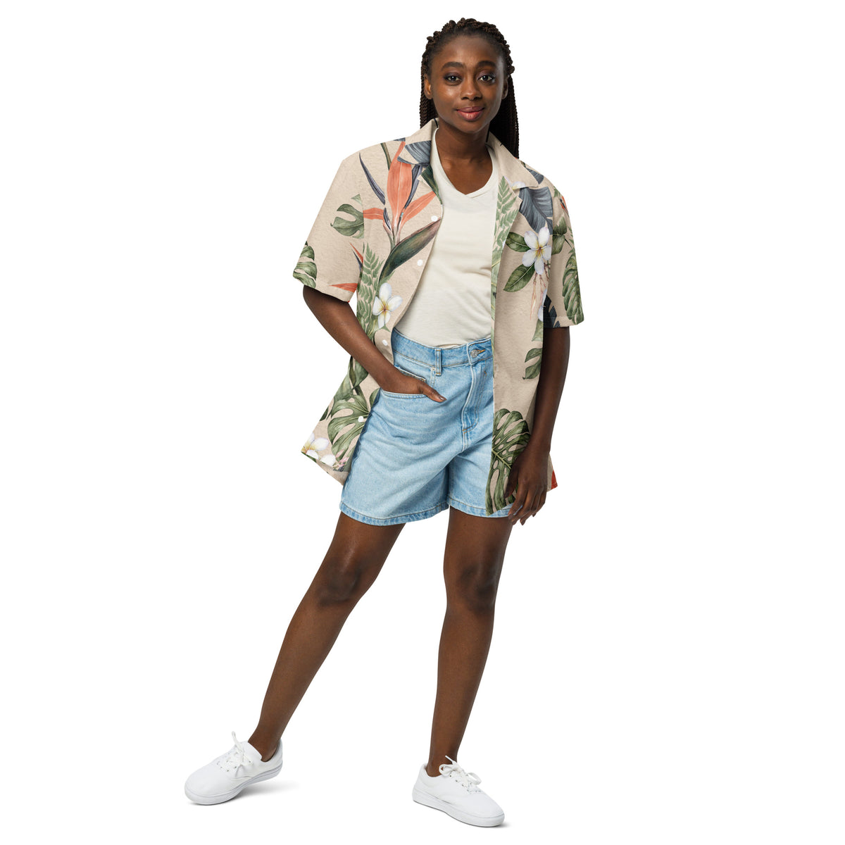 Relaxed fit unisex button shirt with all-over botanical pattern