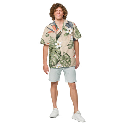 Tropical Cream botanical shirt with green foliage and coral accents