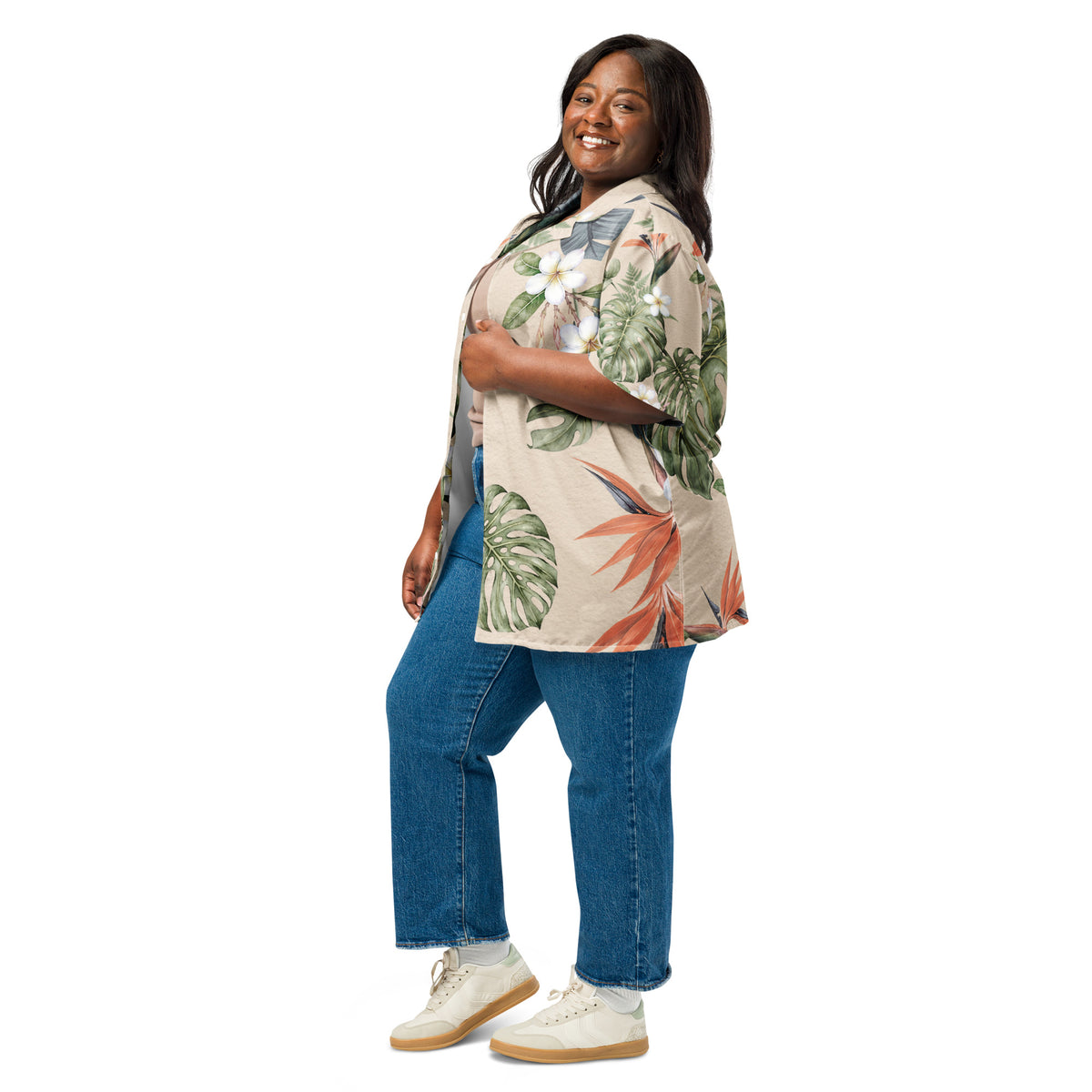 Tropical Cream botanical shirt with green foliage and coral accents