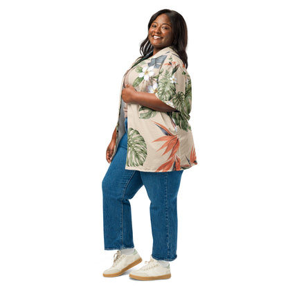 Tropical Cream botanical shirt with green foliage and coral accents