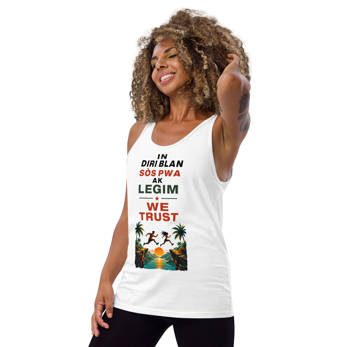 Haitian food inspired shirt with tropical mountain artwork