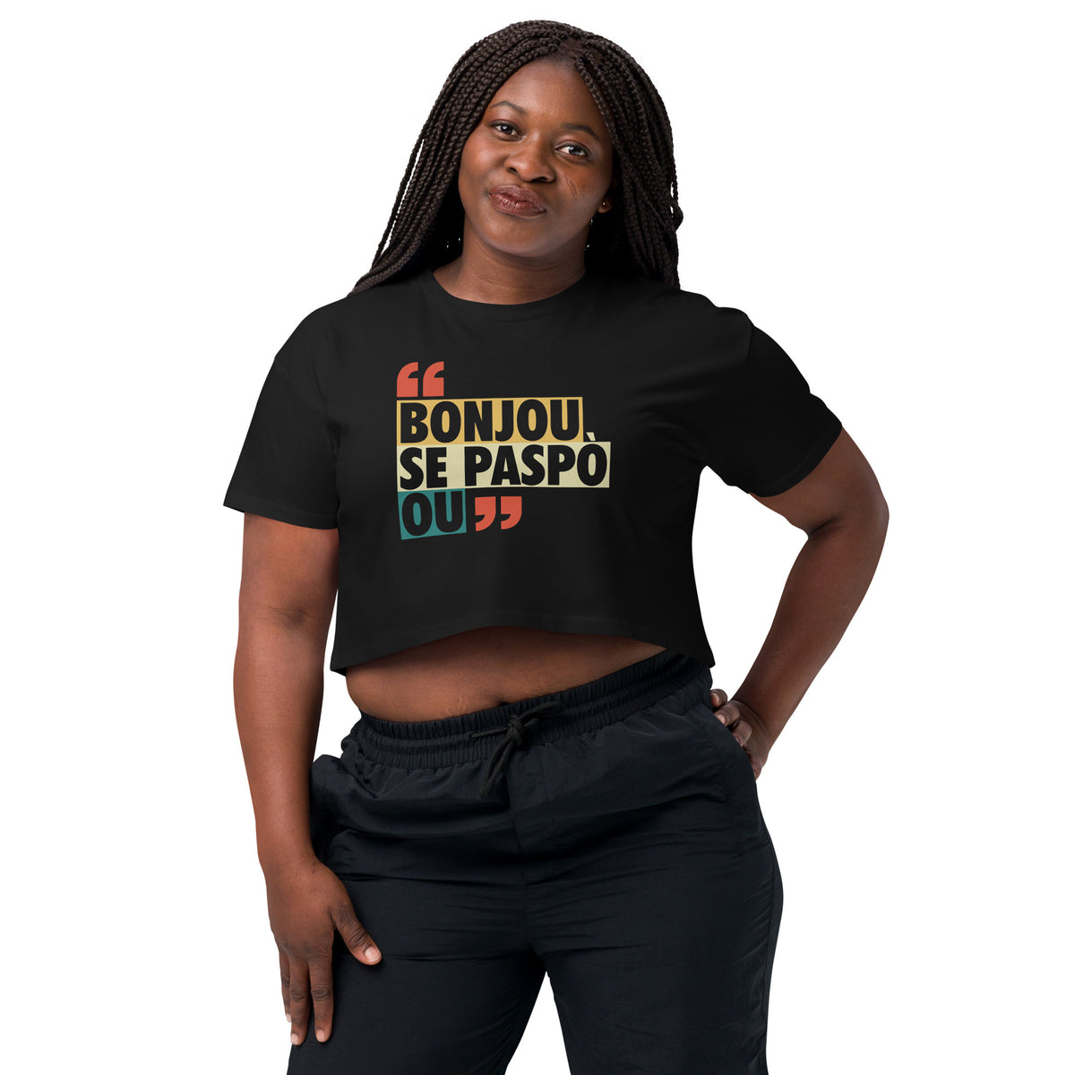 Vibrant Haitian proverb shirt with colorful block lettering